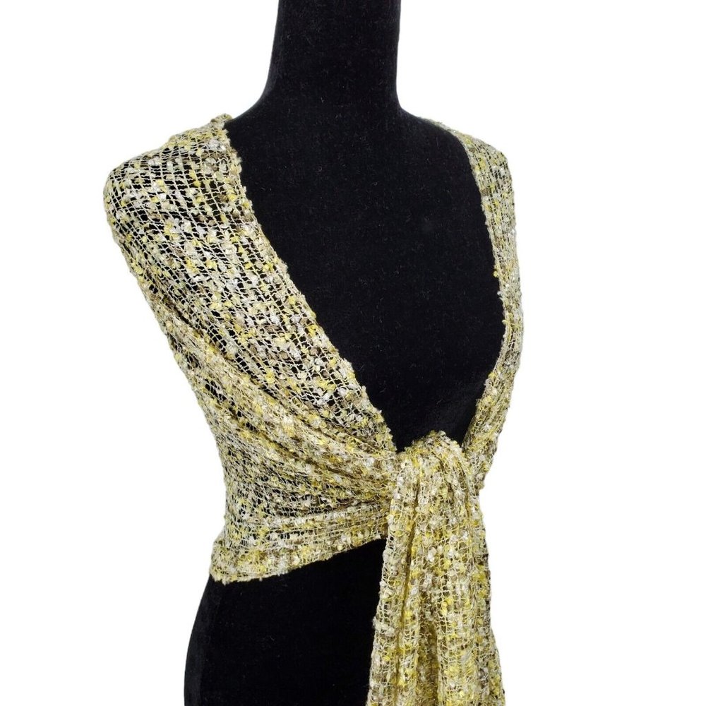 Womens Shawl Wrap Yellow Boucle Open Knit With Fringe Silver Sparkle 21x72" Long